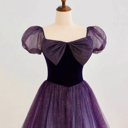 A-line Purple Long Prom Dress, Purple Tulle..