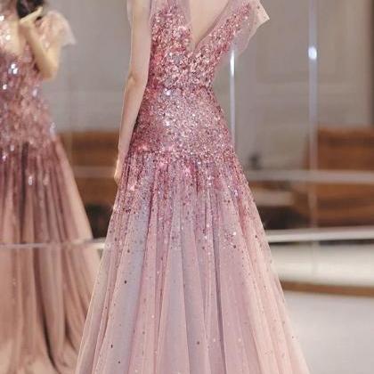Pink Mermaid Tulle Long Evening Dress With Lace,..