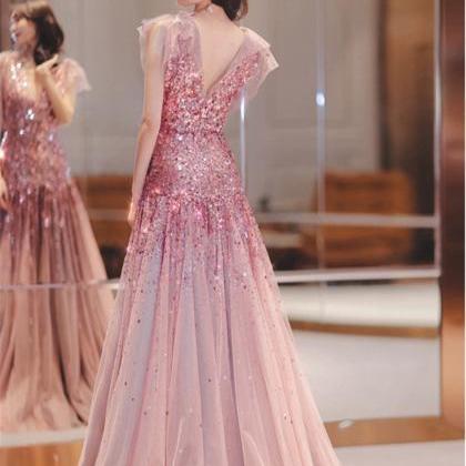 Pink Mermaid Tulle Long Evening Dress With Lace,..