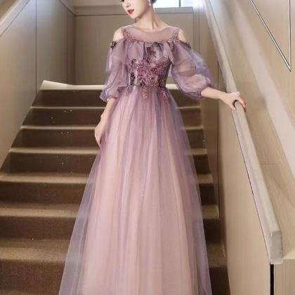 Purple Evening Dress, Long-sleeved Prom Dress,..