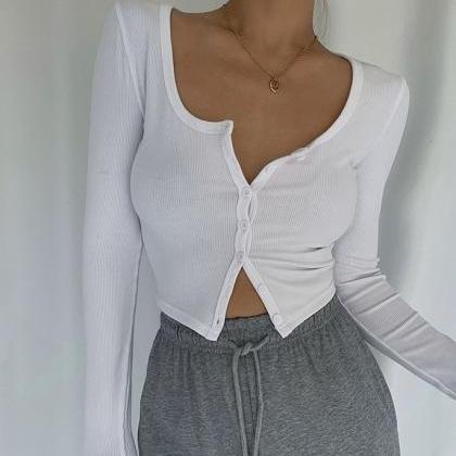 Sexy Collarbone-exposed U-neck Long-sleeved,..