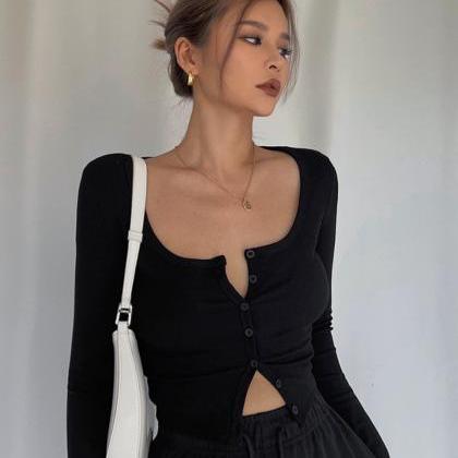 Sexy Collarbone-exposed U-neck Long-sleeved,..