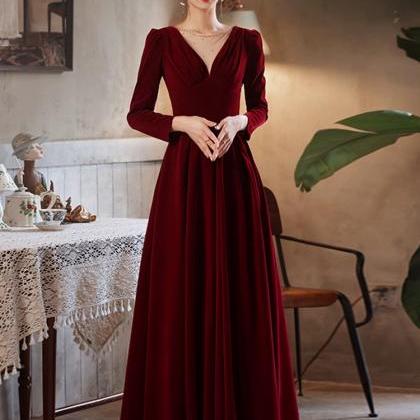 Burgundy Evening Dress Velvet Wedding Guest Dress,..