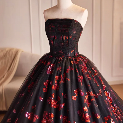 Black Tulle And Red Sequins Long Pom Dress,..