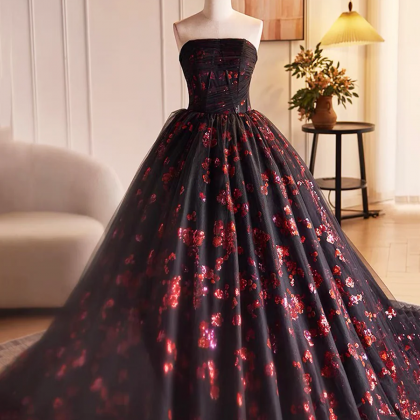 Black Tulle And Red Sequins Long Pom Dress,..