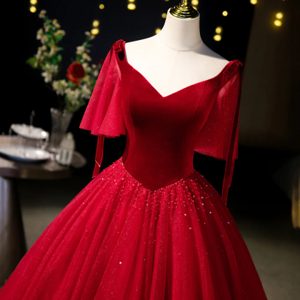 Burgundy Velvet Tulle Floor Length Formal Dress,..