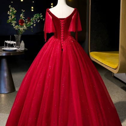 Burgundy Velvet Tulle Floor Length Formal Dress,..