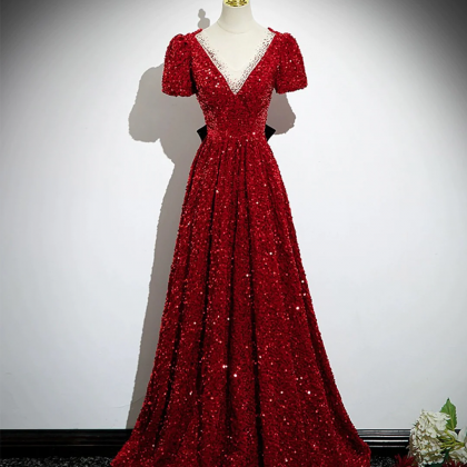 Burgundy V-neck Sequins Long Prom Dress, A-line..