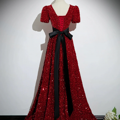 Burgundy V-neck Sequins Long Prom Dress, A-line..