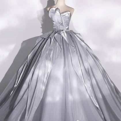 Gray Strapless Tulle Long Ball Gown, A-line..