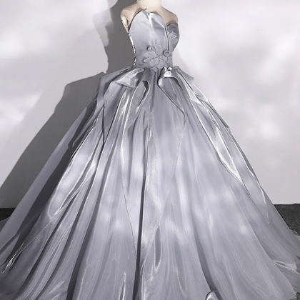 Gray Strapless Tulle Long Ball Gown, A-line..