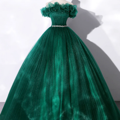 Green Off Shoulder Tulle Formal Dress, A-line Long..