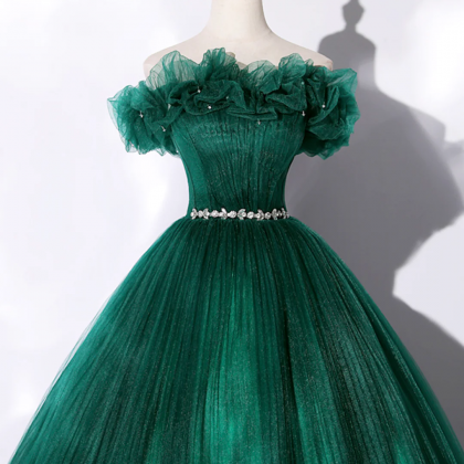 Green Off Shoulder Tulle Formal Dress, A-line Long..