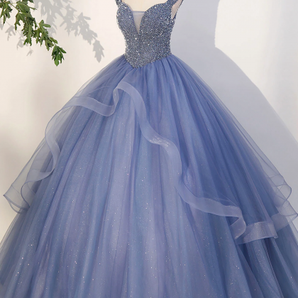 Blue Beaded Tulle Long A-line Prom Dress, Blue..