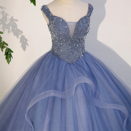 Blue Beaded Tulle Long A-line Prom Dress, Blue..