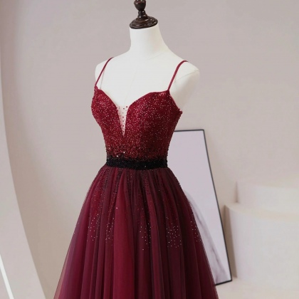 Burgundy Tulle Beaded Long Prom Dress, A-line..