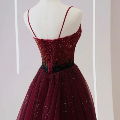 Burgundy Tulle Beaded Long Prom Dress, A-line..
