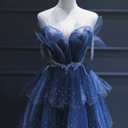 Blue Tulle Beaded Long Senior Prom Dress, A-line..