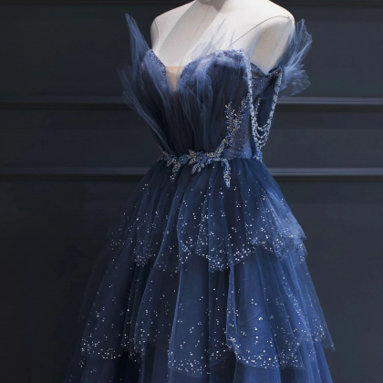 Blue Tulle Beaded Long Senior Prom Dress, A-line..