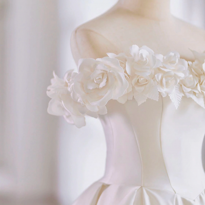 White Satin Long Ball Gown, A-line Flower Wedding..
