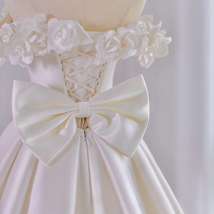 White Satin Long Ball Gown, A-line Flower Wedding..
