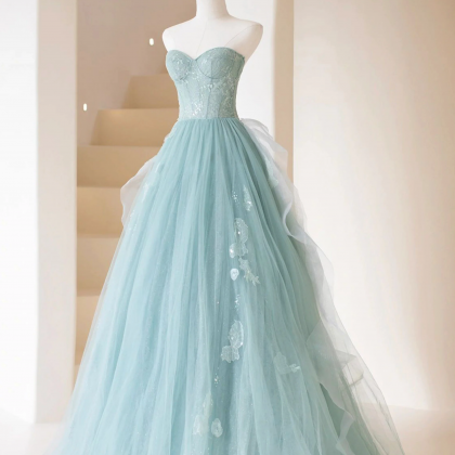Cute Tulle Strapless Long Prom Dress, A-line Lace..