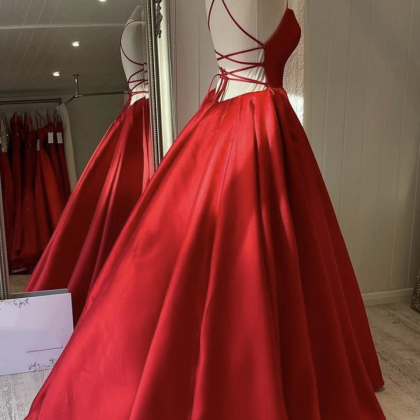 Red Satin Long Prom Dress A Line Evening Gown..
