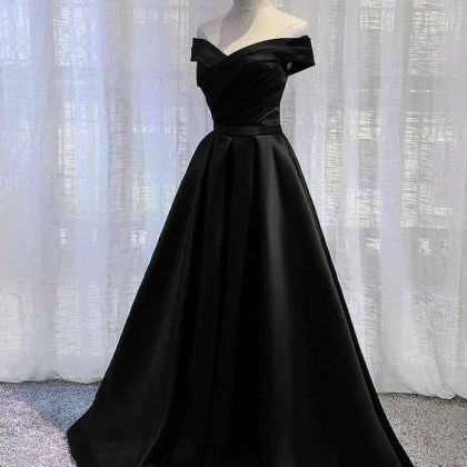 Black Satin Off Shoulder Long Simple Evening Dress..