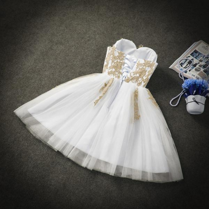 Cute White Tulle Party Dress With Gold Applique,..
