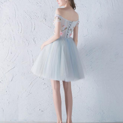 Gray Blue Tulle Lace Applique Short Prom..