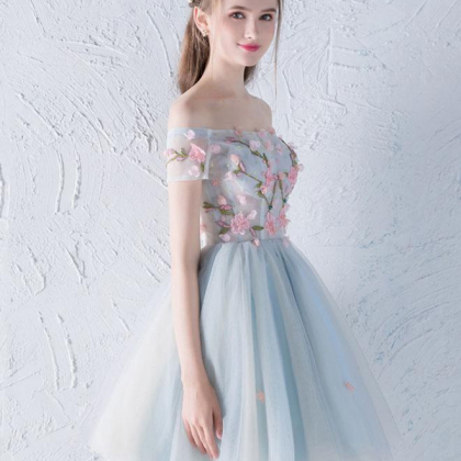 Gray Blue Tulle Lace Applique Short Prom..