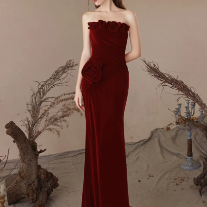 Mermaid Velvet Burgundy Long Prom Dress, Burgundy..