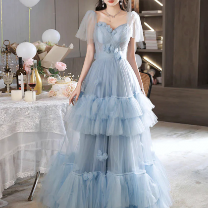 A-line Sweetheart Neck Tulle Blue Long Prom Dress,..