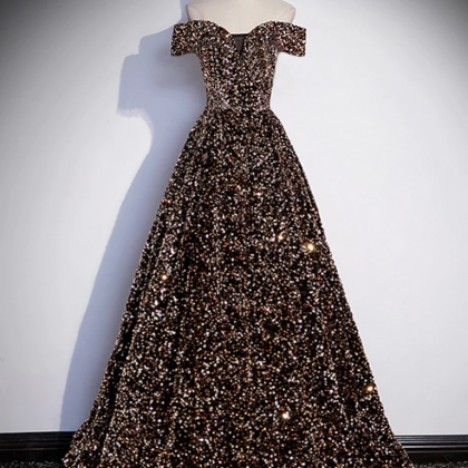 A-line Off Shoulder Coffee Gold Sequin Long Prom..