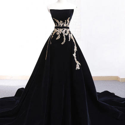 Black Velvet Sweep Train Long Prom Dress, Black..