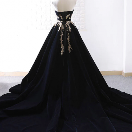 Black Velvet Sweep Train Long Prom Dress, Black..