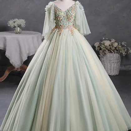 Green A-line 3d Lace Long Prom Dress, Green Lace..