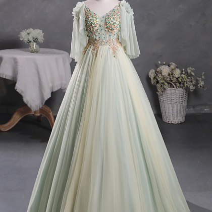 Green A-line 3d Lace Long Prom Dress, Green Lace..