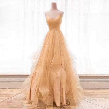 Spaghetti Strap Tulle Long Prom Dresses, Shiny..
