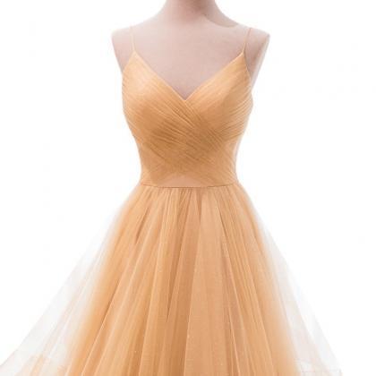 Spaghetti Strap Tulle Long Prom Dresses, Shiny..