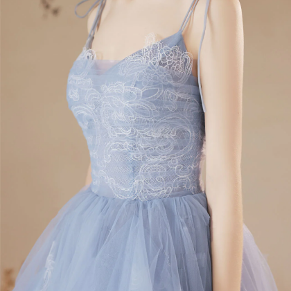 Blue A-line Tulle Spaghetti Strap Prom Dresses,..