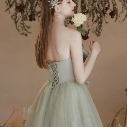 A-line Tulle Light Green Long Prom Dresses, Green..