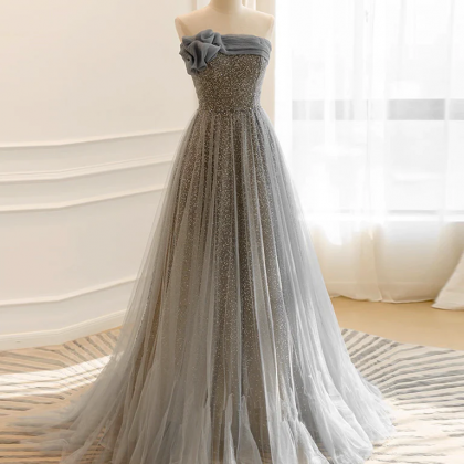 A-line Gray Tulle Sequin Long Prom Dress, Gray..