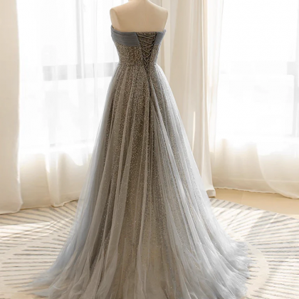 A-line Gray Tulle Sequin Long Prom Dress, Gray..