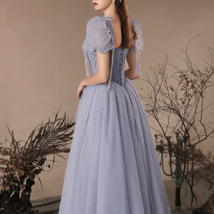 Blue Tiered Tulle A Line Sweetheart Neck Long Prom Dresses, Evening Dress, PL541