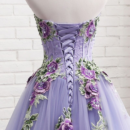 Purple Evening Dress Strapless Sweetheart Lace..