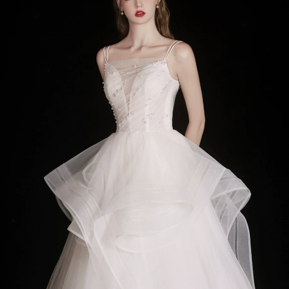 White Tulle Beads Long Prom Dress, White Tulle..
