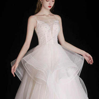 White Tulle Beads Long Prom Dress, White Tulle..