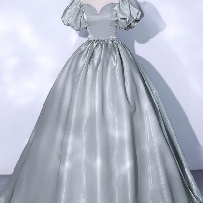 Gray Round Neck Satin Long Prom Dress, Gray Sweet..
