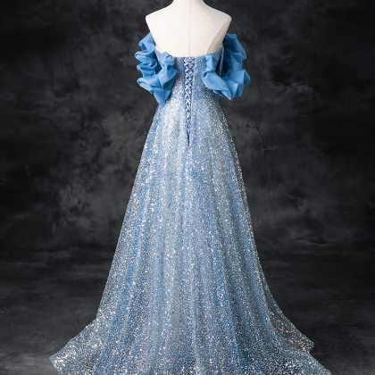 A-line Off Shoulder Sequin Beads Blue Long Prom..